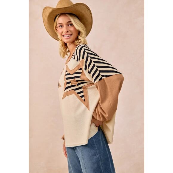 BiBi Star Patchwork Mixed Round Neck Long Sleeves Oversized Sweatshirt | Oatmeal - Picture 7 of 10